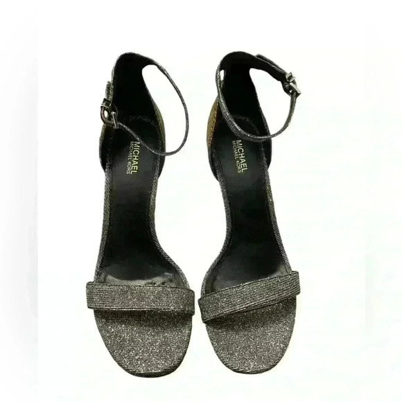 Michael Kors Margot Glitter Ankle Strap Platform Sandals Size 7 Black Silver - Picture 1 of 9